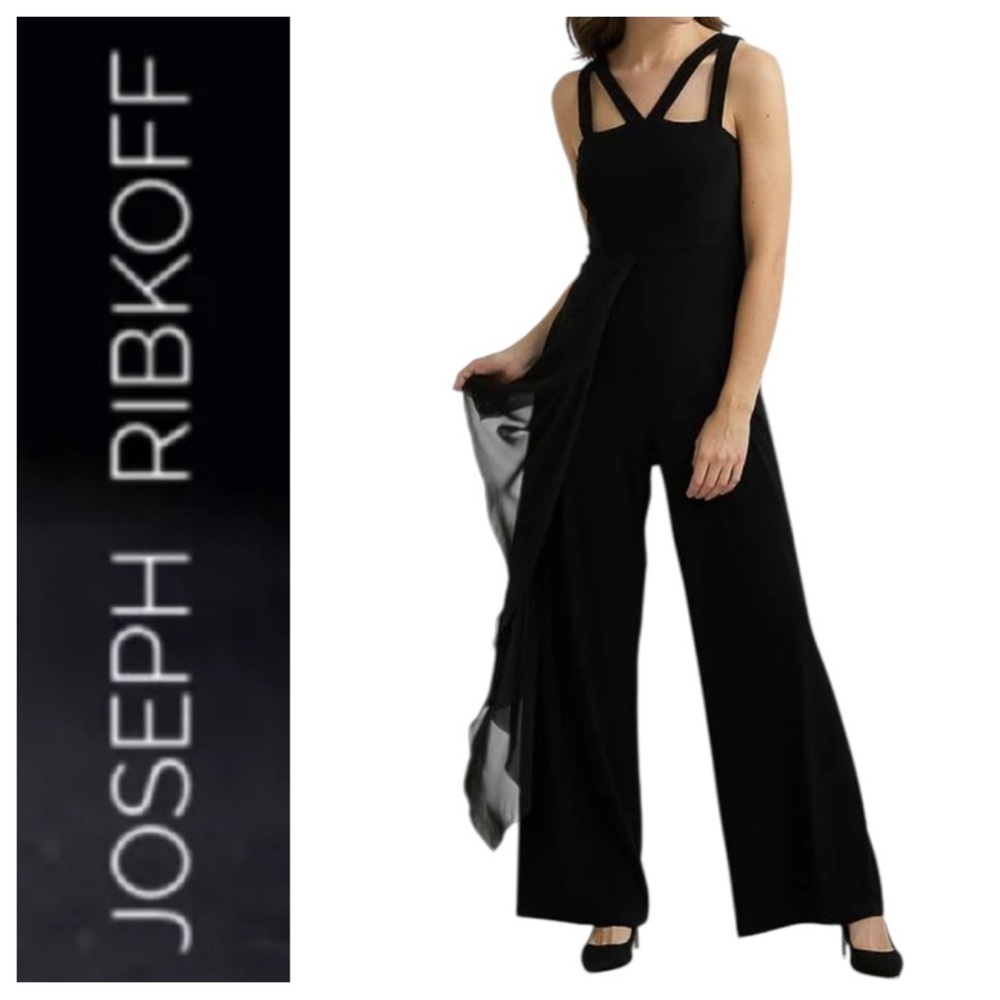 Joseph Ribkoff Black Sheer Overlay Wide Leg Jumpsuit Size 14 NWT